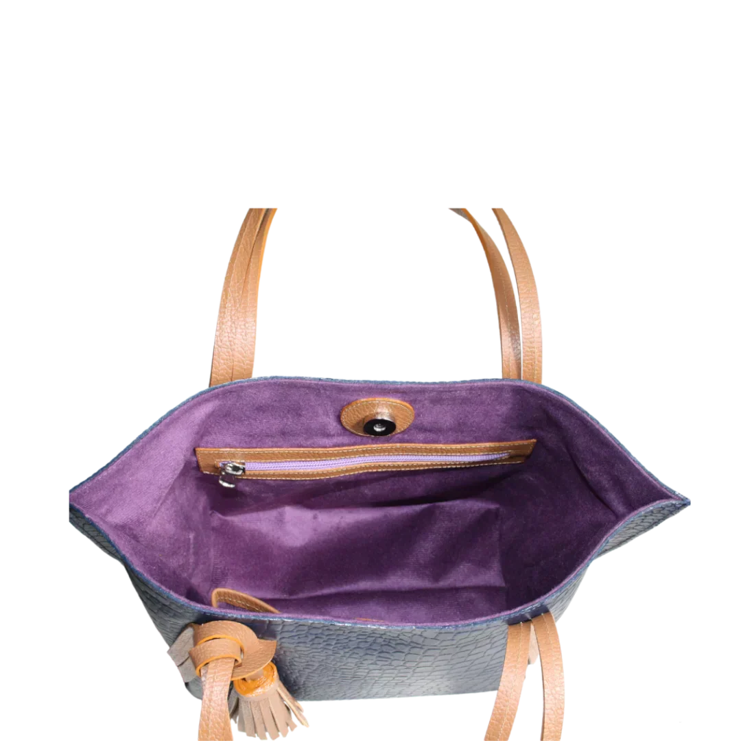 Sac à main en cuir pour femmes Eleonora en bleu marine avec design reptile