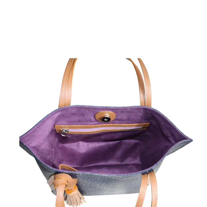 Sac à main en cuir pour femmes Eleonora en bleu marine avec design reptile