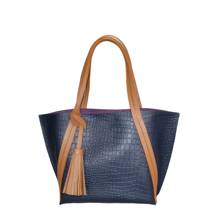 Sac à main en cuir pour femmes Eleonora en bleu marine avec design reptile