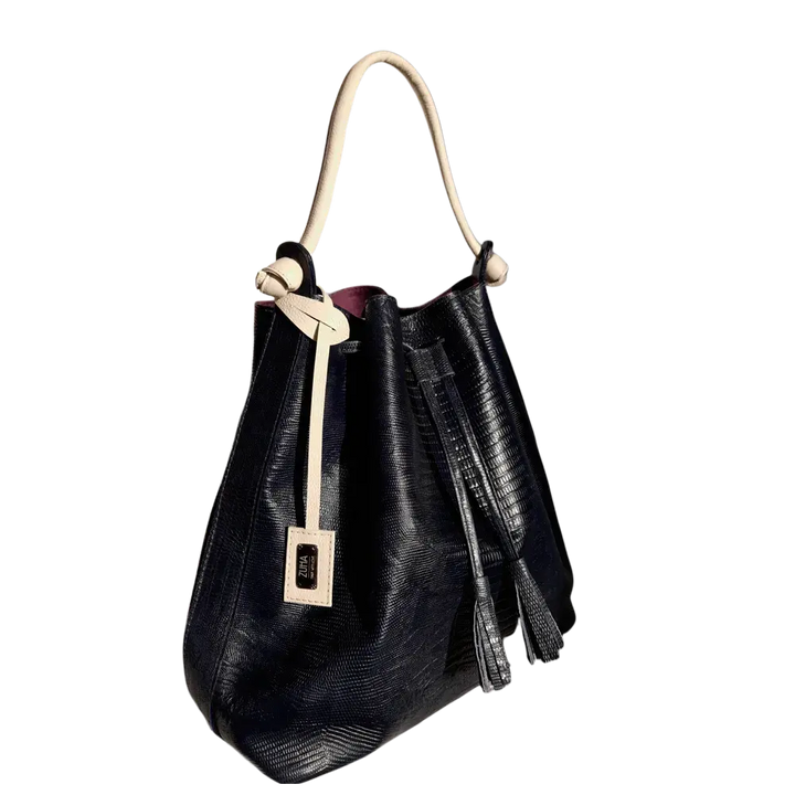 Sac à main en cuir noir pour femmes au design reptile jade