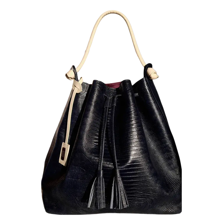 Sac à main en cuir noir pour femmes au design reptile jade