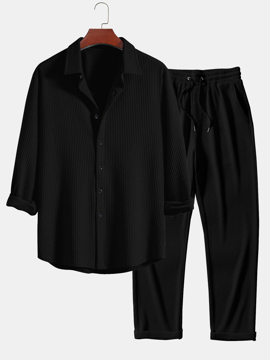 Chemise côtelée à manches longues, ajustée muscle, boutonnée & pantalon côtelé à jambe droite
