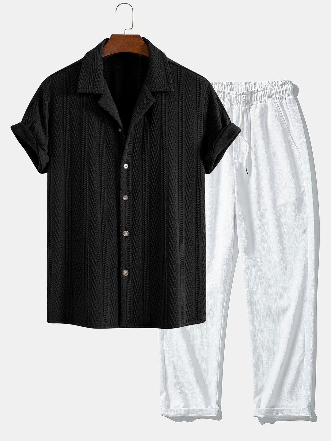 Chemise Cubaine en Jacquard Texturé & Pantalons Droits Texturés Anti-Rides