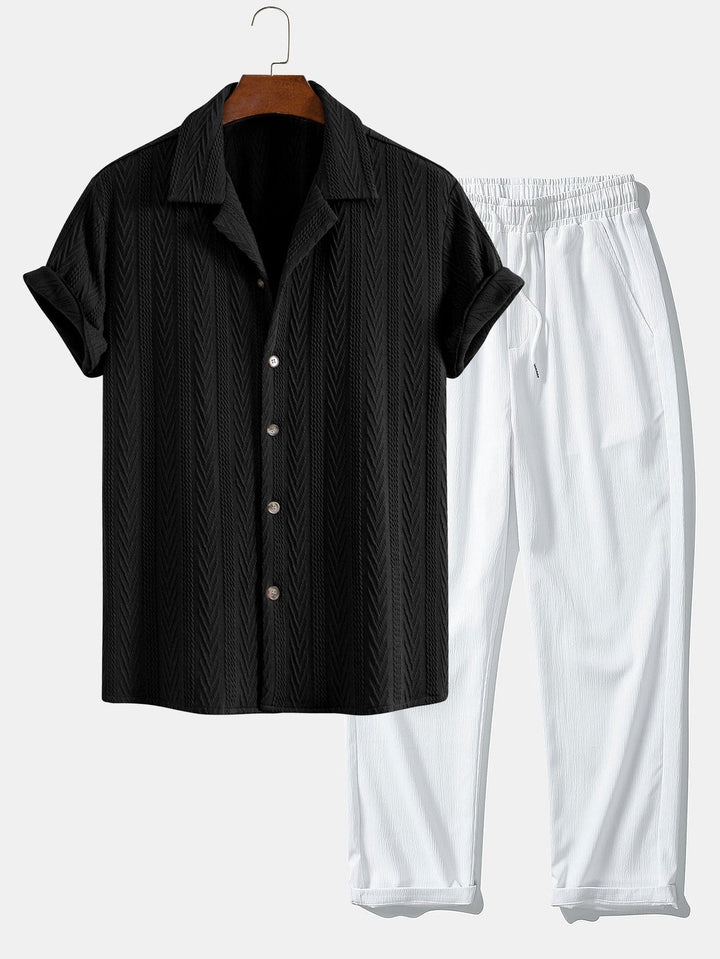 Chemise Cubaine en Jacquard Texturé & Pantalons Droits Texturés Anti-Rides