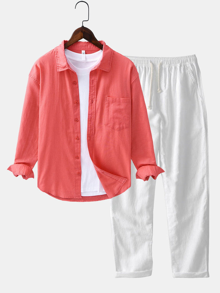Chemise en lin et coton à manches longues avec poche & pantalon en lin à jambe droite