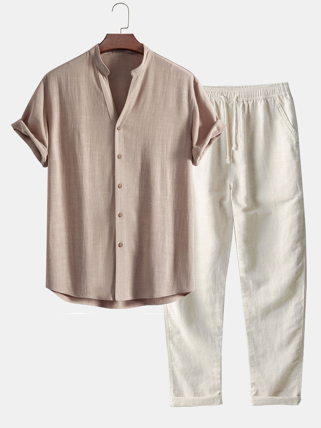 Chemise en mélange de lin et de rayonne à col en V & Pantalon en lin à jambe droite