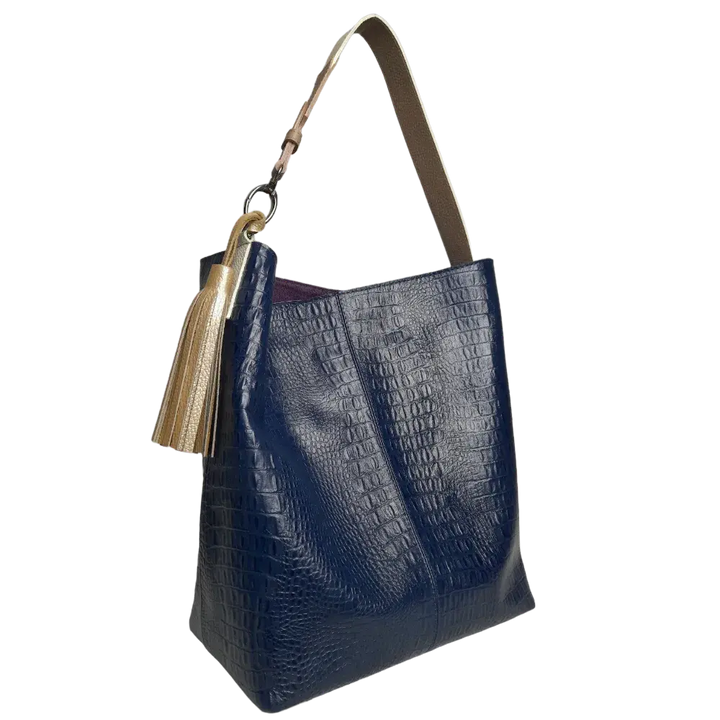 Sac à main pour femmes Serenity en cuir bleu foncé avec motif reptile