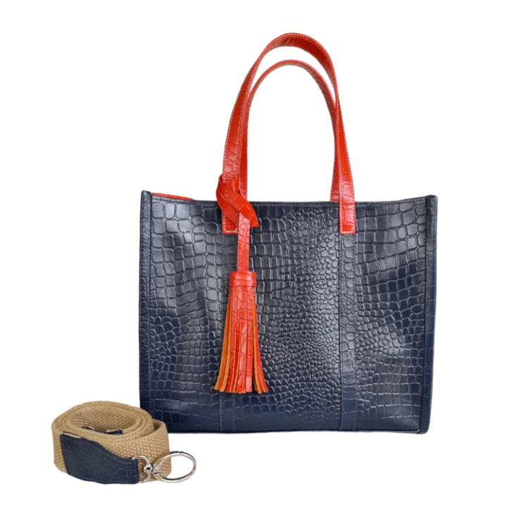 Sac à main pour femmes Greta en bleu marine avec embossage reptile