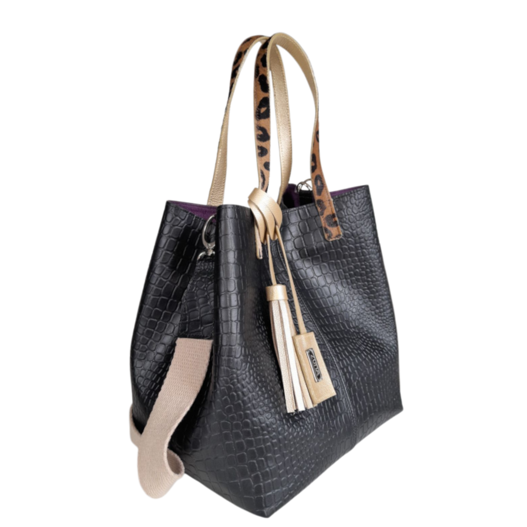Sac à main en cuir noir Giulia Reptil pour femmes