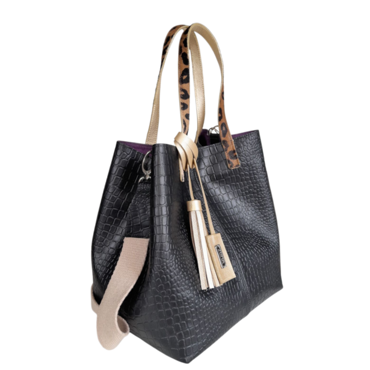 Sac à main en cuir noir Giulia Reptil pour femmes