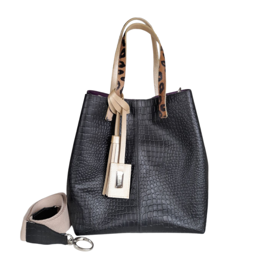 Sac à main en cuir noir Giulia Reptil pour femmes