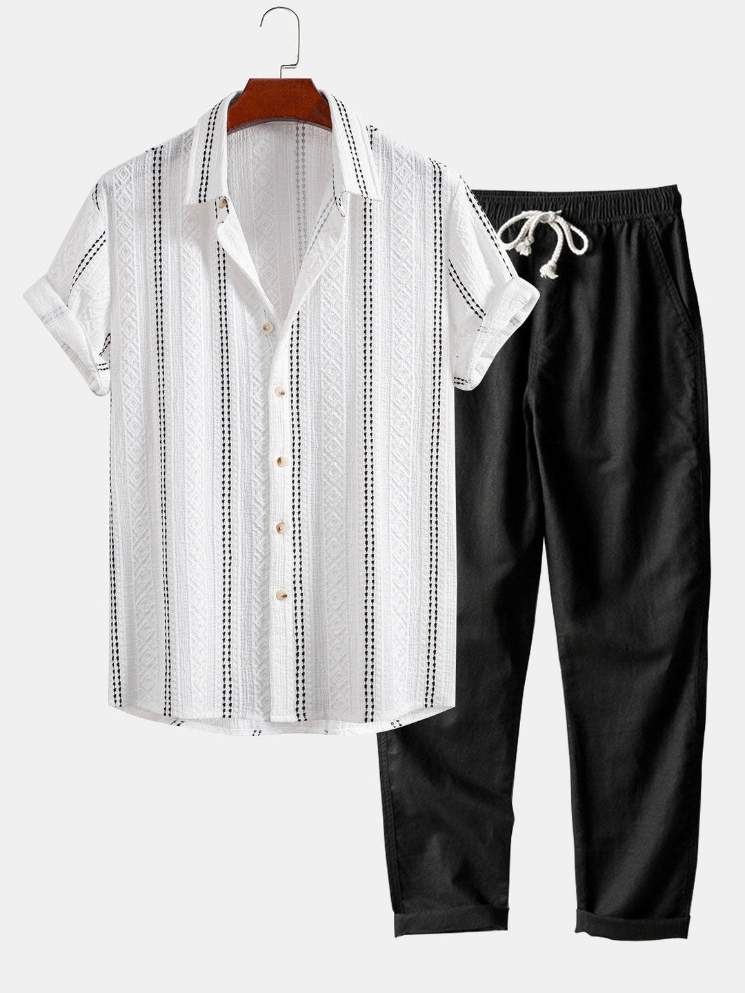 Chemise à boutons en jacquard rayé géométrique & pantalon en lin à jambe droite