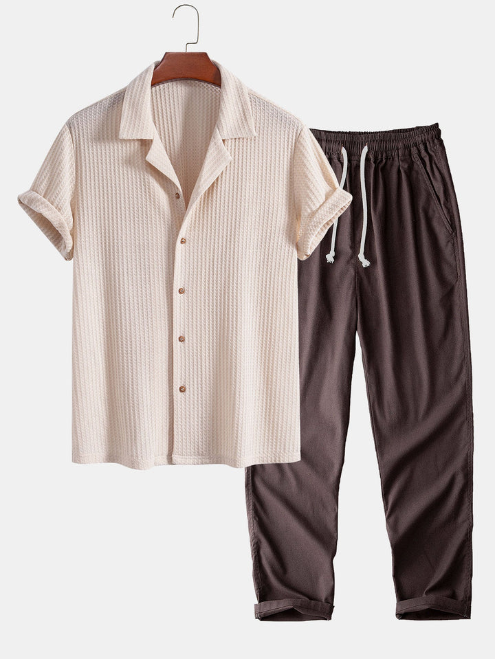 Chemise cubaine à manche courte à manches courtes et pantalon en lin à jambe droite