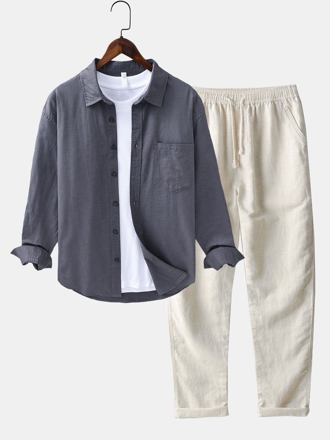 Chemise en lin et coton à manches longues avec poche & pantalon en lin à jambe droite