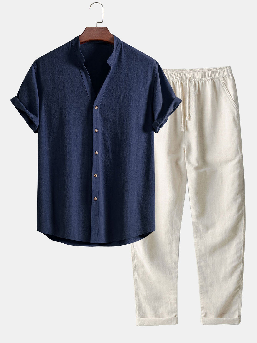 Chemise en mélange de lin et de rayonne à col en V & Pantalon en lin à jambe droite