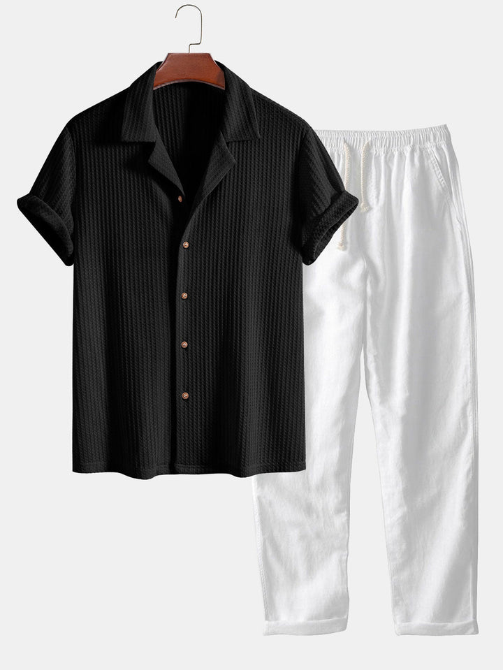 Chemise cubaine à manche courte à manches courtes et pantalon en lin à jambe droite