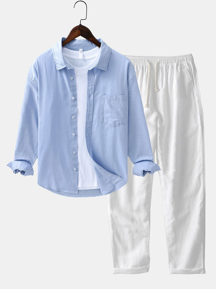 Chemise en lin et coton à manches longues avec poche & pantalon en lin à jambe droite