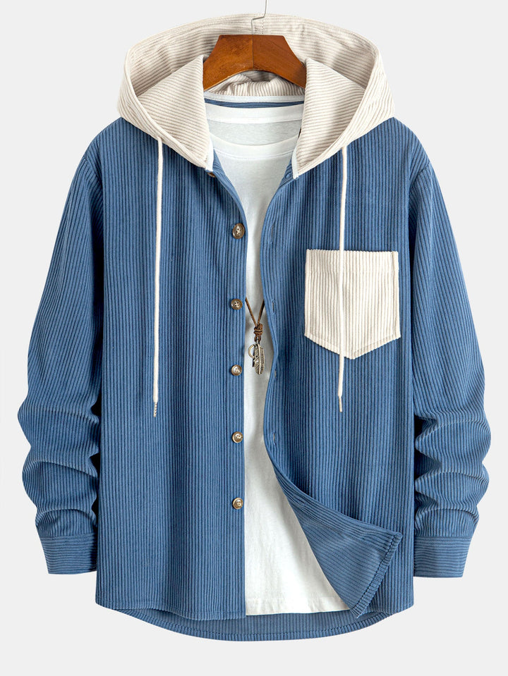 Chemise à capuche en velours côtelé contrasté à manches longues