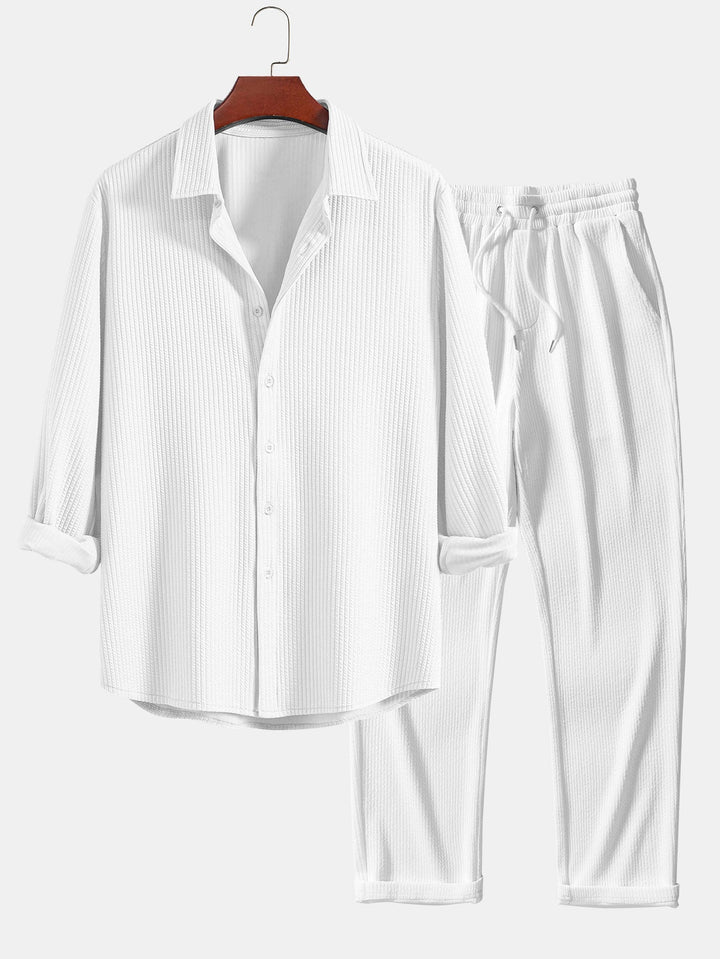 Chemise côtelée à manches longues, ajustée muscle, boutonnée & pantalon côtelé à jambe droite