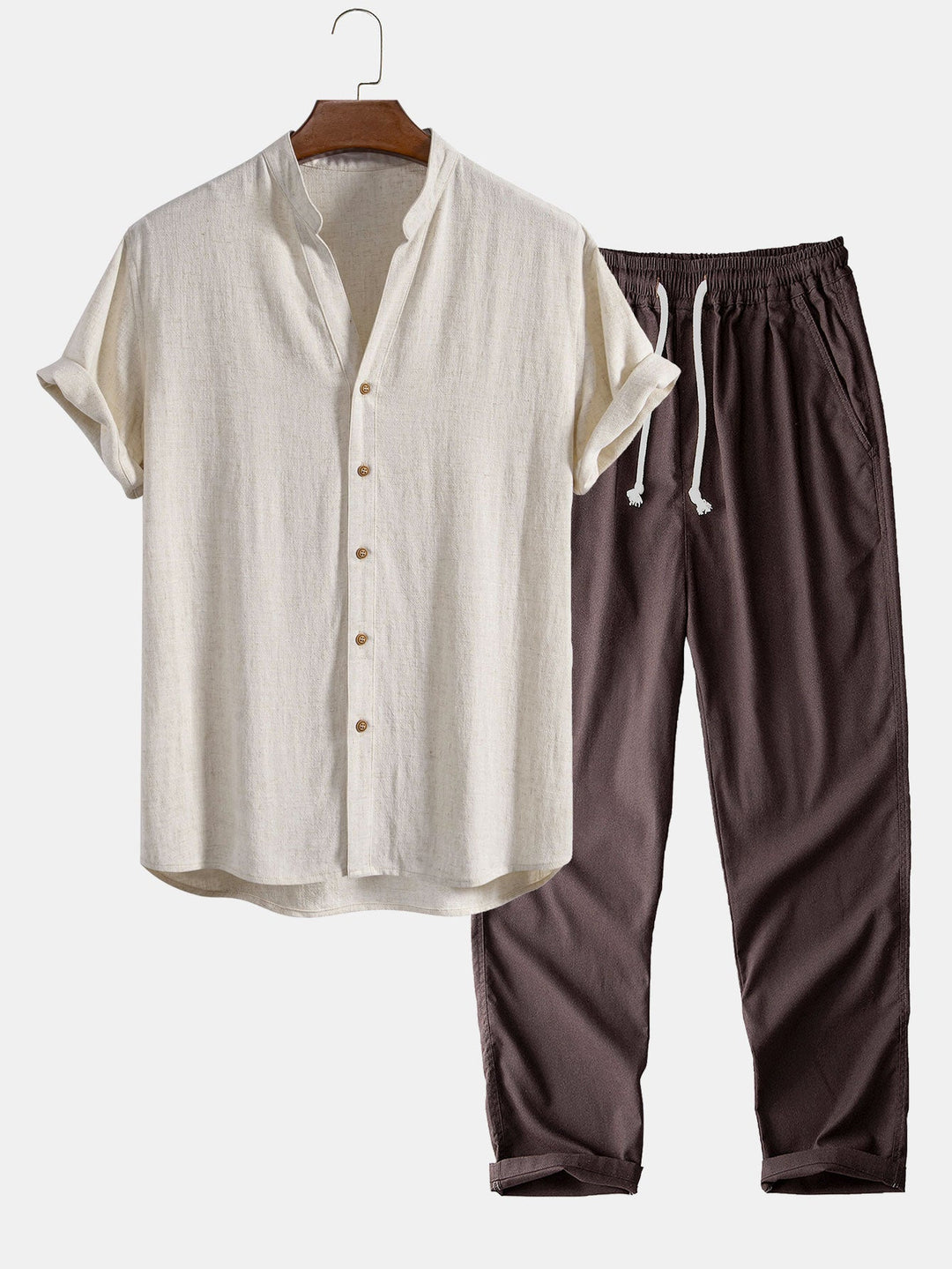 Chemise en mélange de lin et de rayonne à col en V & Pantalon en lin à jambe droite
