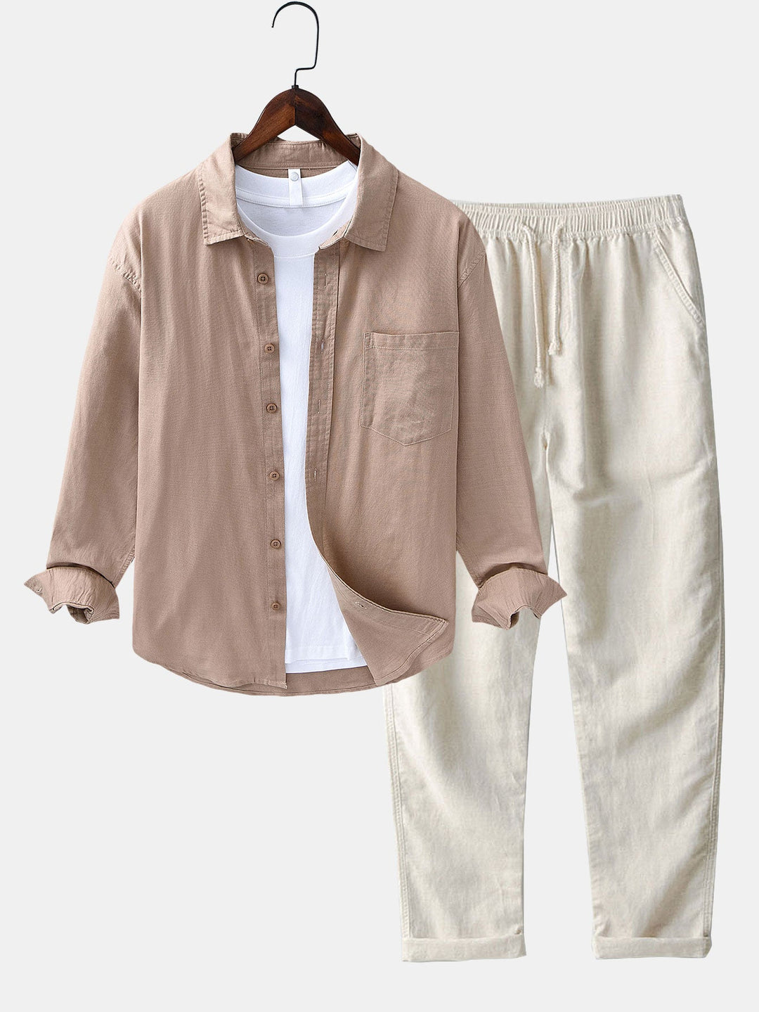 Chemise en lin et coton à manches longues avec poche & pantalon en lin à jambe droite