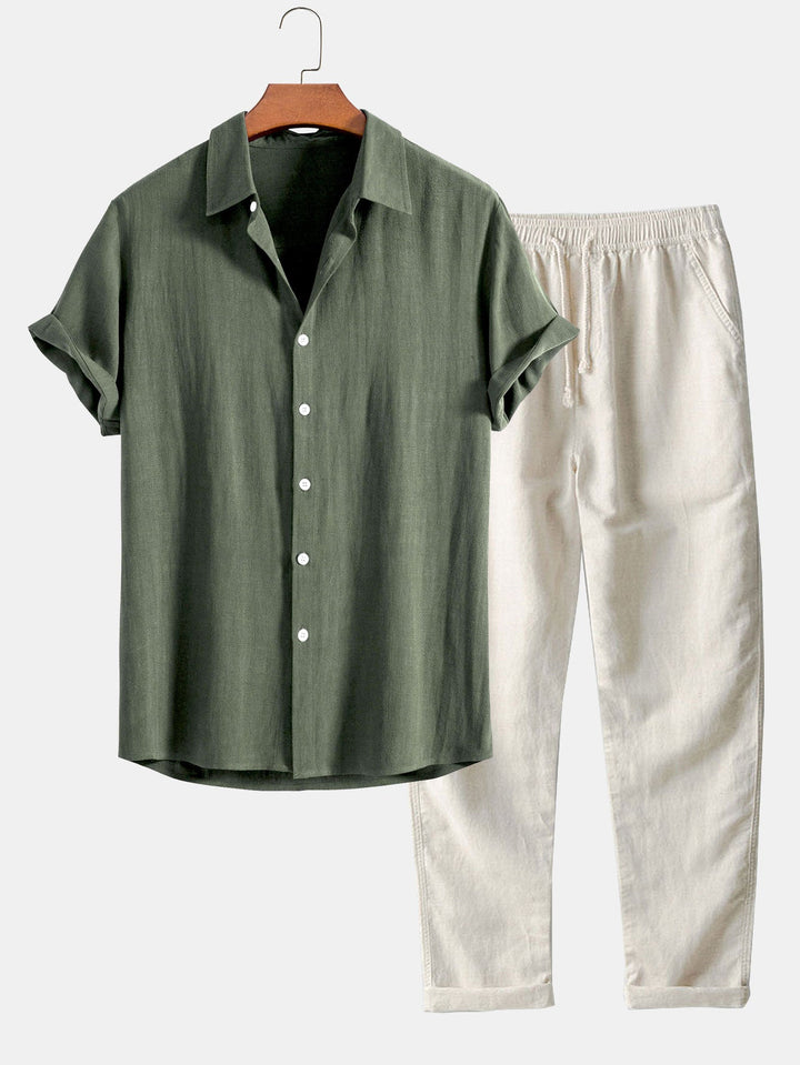 Chemise à boutons en mélange de lin et de rayonne & Pantalons en lin à jambe droite