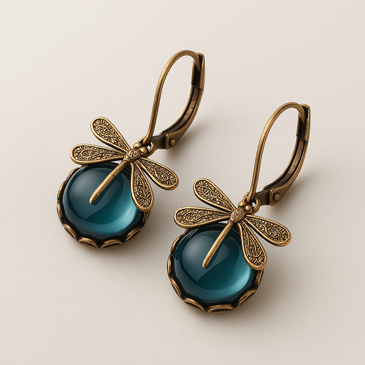 Lyra™ | Boucles d'oreilles Libellule Sphériques en Or Antique