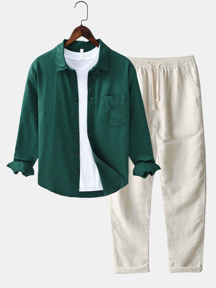 Chemise en lin et coton à manches longues avec poche & pantalon en lin à jambe droite