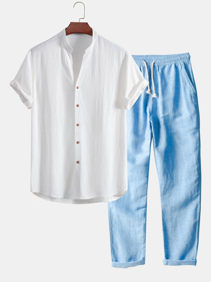 Chemise en mélange de lin et de rayonne à col en V & Pantalon en lin à jambe droite