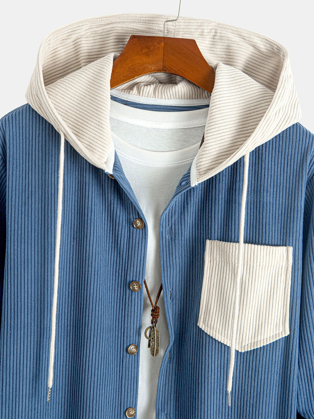 Chemise à capuche en velours côtelé contrasté à manches longues