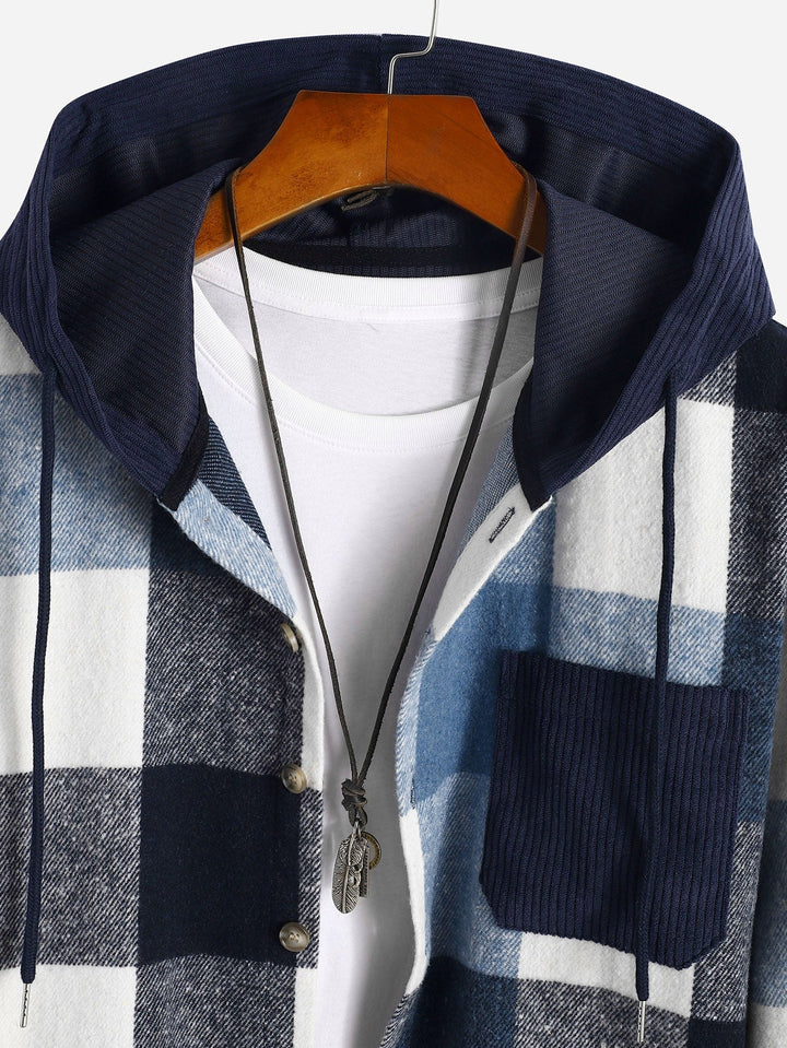 Chemise à capuche patchwork en flanelle à carreaux coupe décontractée & pantalon droit en velours côtelé
