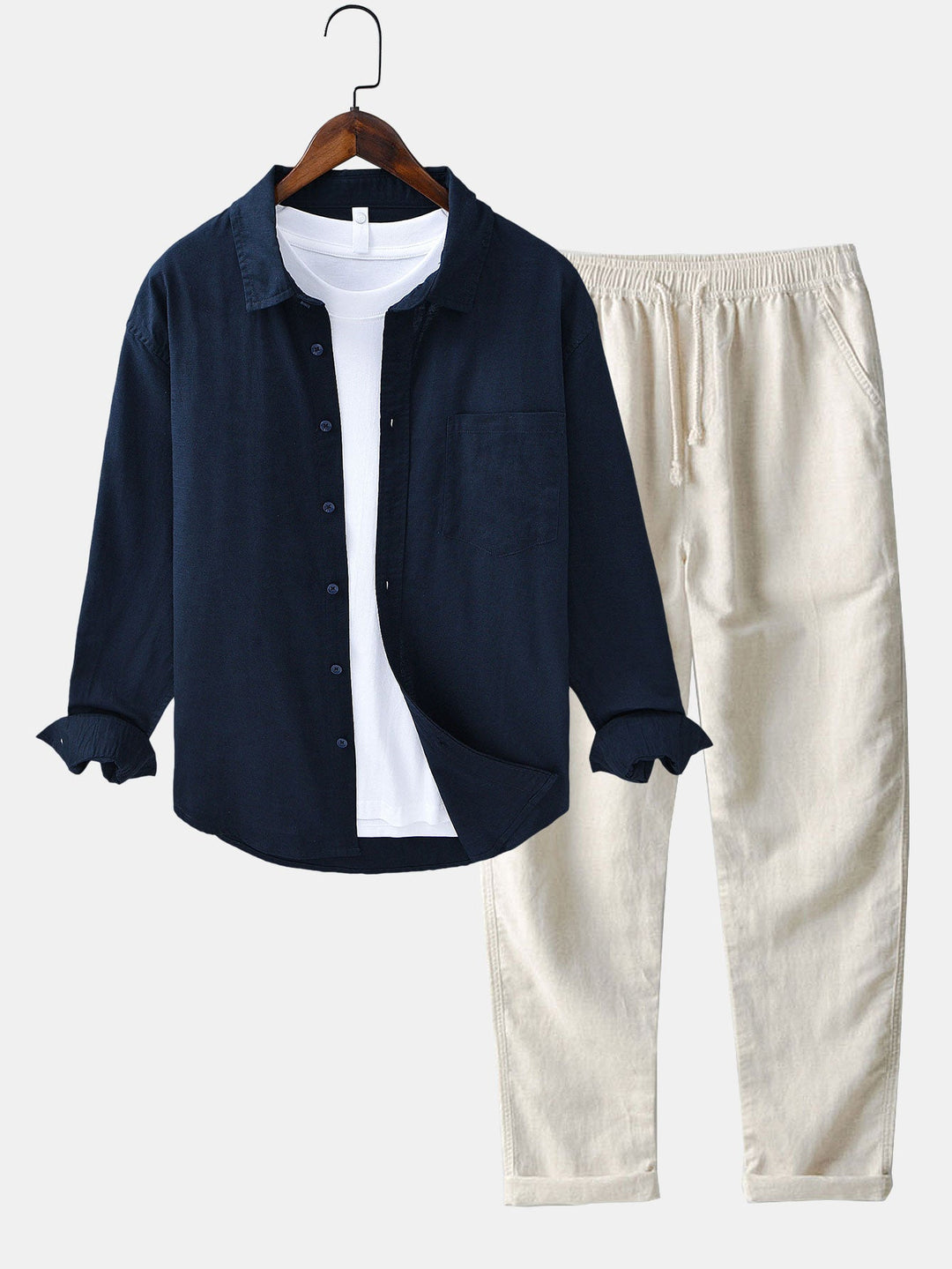 Chemise en lin et coton à manches longues avec poche & pantalon en lin à jambe droite