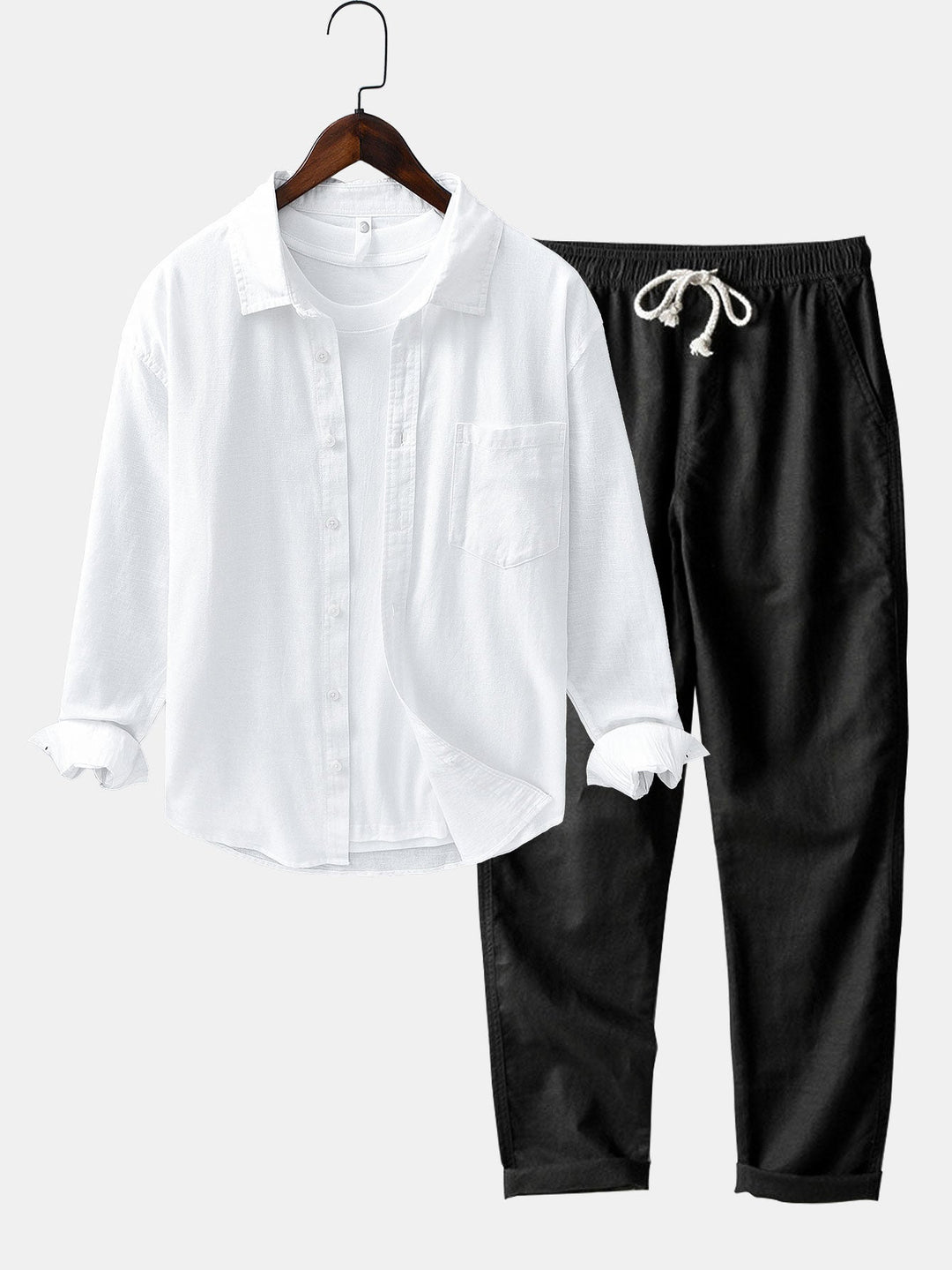 Chemise en lin et coton à manches longues avec poche & pantalon en lin à jambe droite