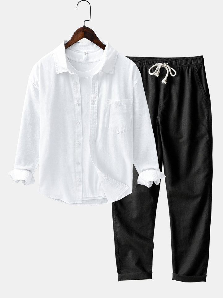 Chemise en lin et coton à manches longues avec poche & pantalon en lin à jambe droite