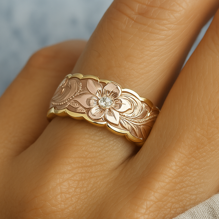 Lila™ | Bague Vintage avec Fleur Rose en Or