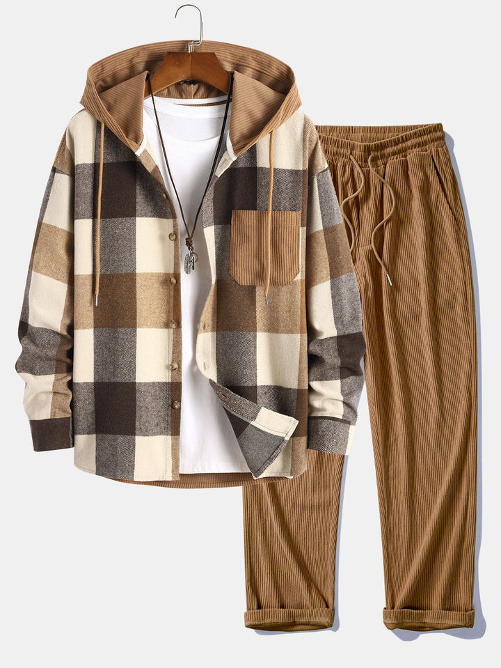Chemise à capuche patchwork en flanelle à carreaux coupe décontractée & pantalon droit en velours côtelé