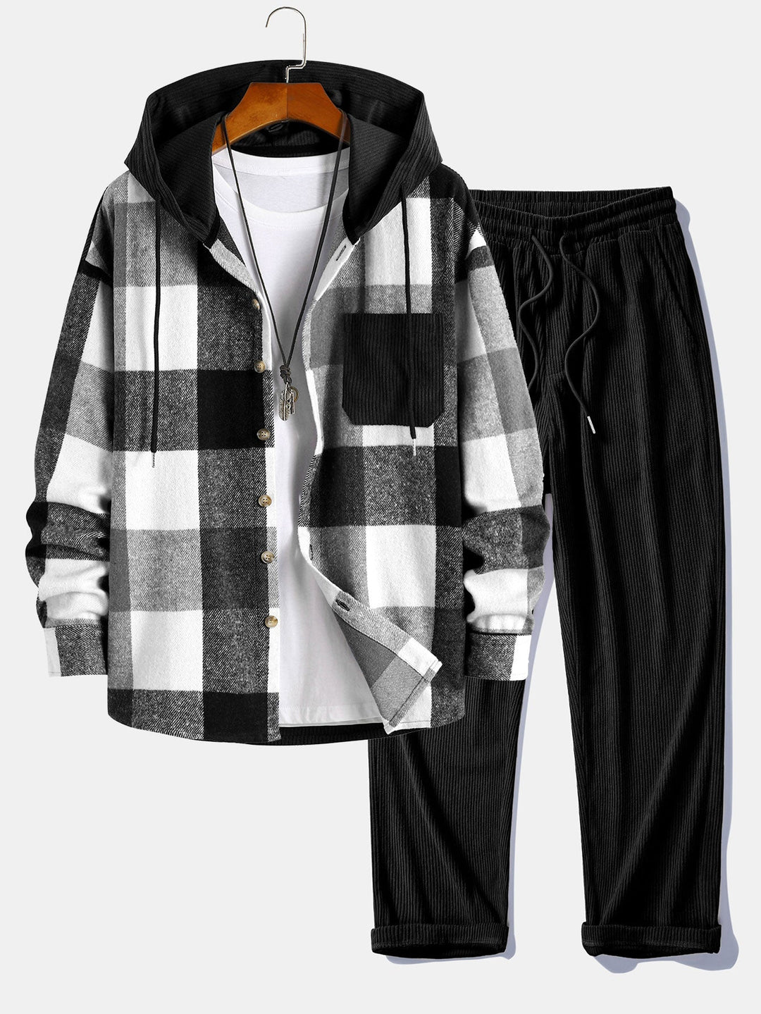 Chemise à capuche patchwork en flanelle à carreaux coupe décontractée & pantalon droit en velours côtelé