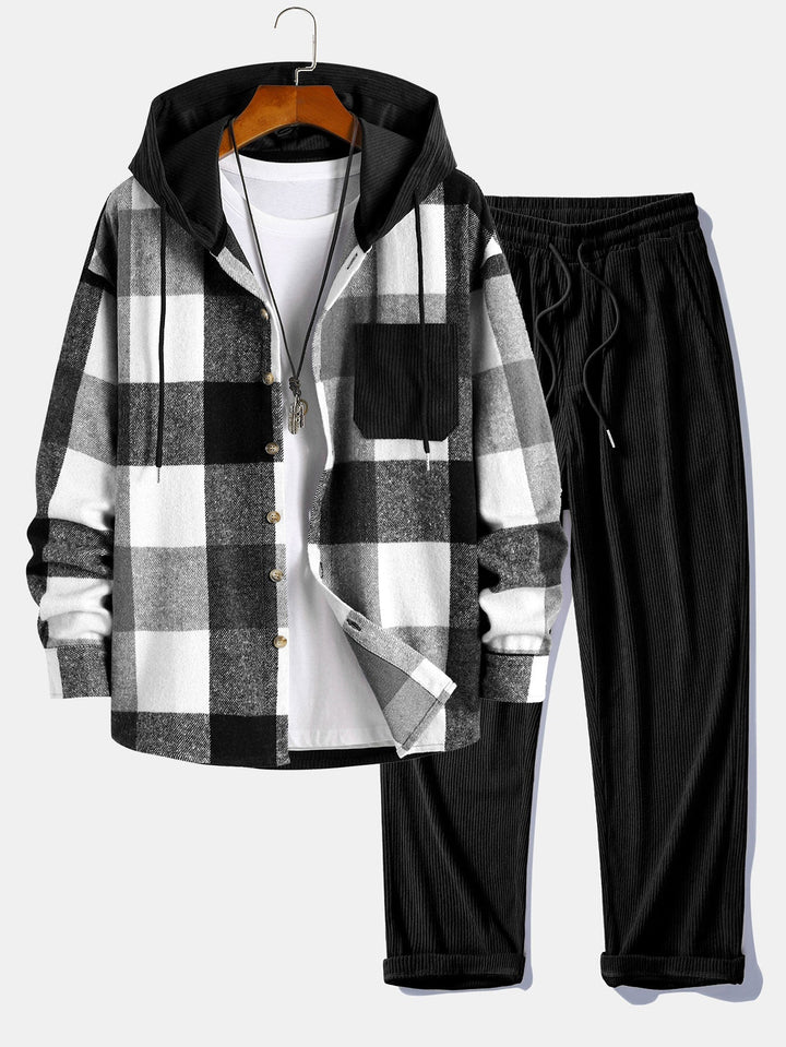 Chemise à capuche patchwork en flanelle à carreaux coupe décontractée & pantalon droit en velours côtelé