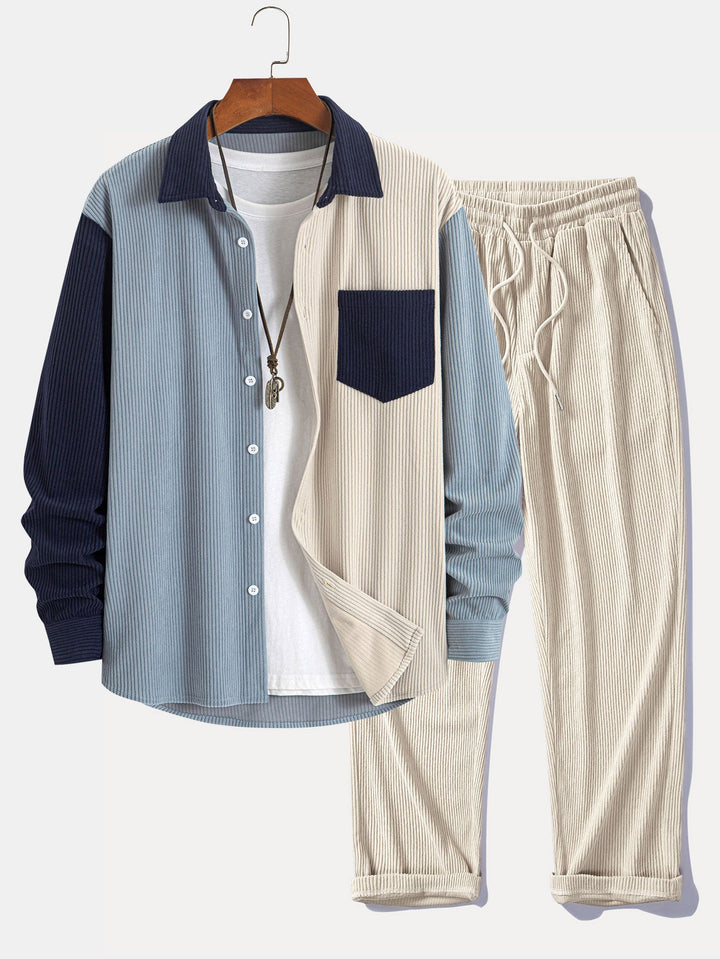 Chemise patchwork en velours côtelé et pantalon droit en velours côtelé