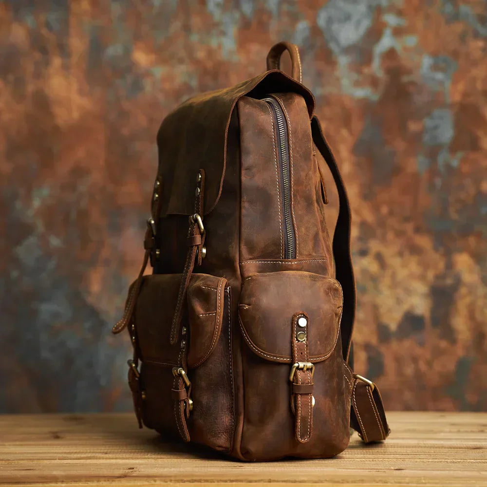Sac à dos de voyage en cuir véritable robuste en marron | Grand sac à dos