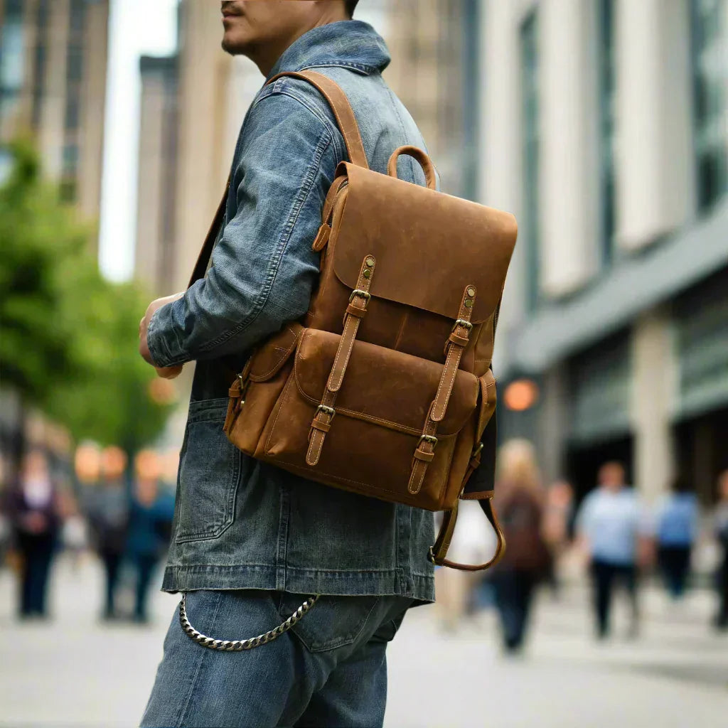 Sac à dos de voyage en cuir véritable robuste en marron | Grand sac à dos