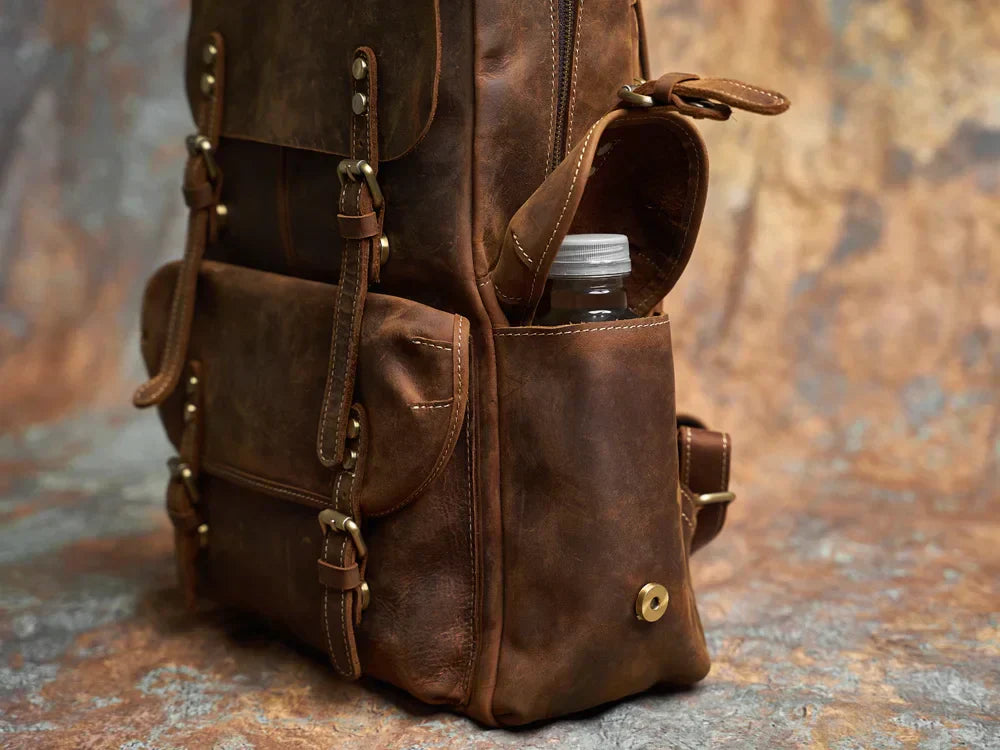Sac à dos de voyage en cuir véritable robuste en marron | Grand sac à dos