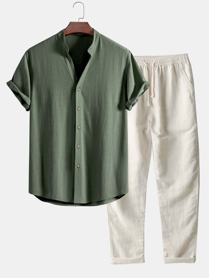 Chemise en mélange de lin et de rayonne à col en V & Pantalon en lin à jambe droite