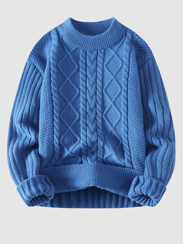 Pull col montant en maille à câble solide pour homme, coupe slim