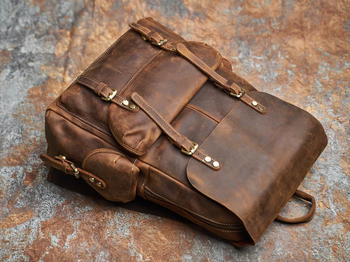 Sac à dos de voyage en cuir véritable robuste en marron | Grand sac à dos