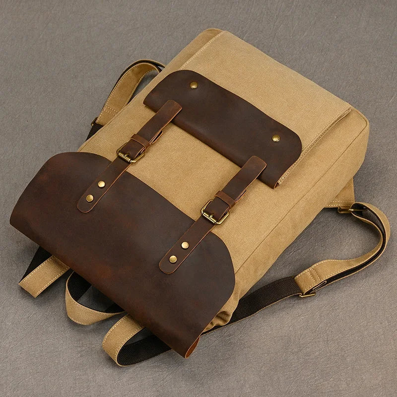 Sac à dos en cuir et toile authentique | Sac à dos vintage pour ordinateur portable