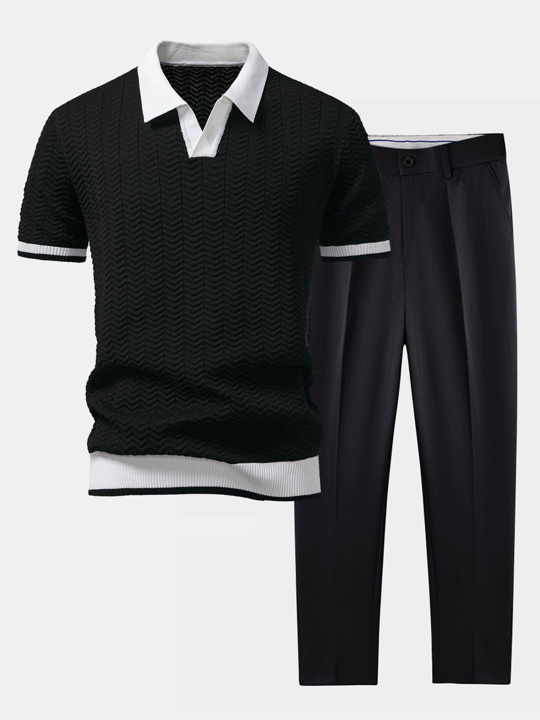 Polo à col en V tricoté à contraste de texture & pantalon fuselé slim fit
