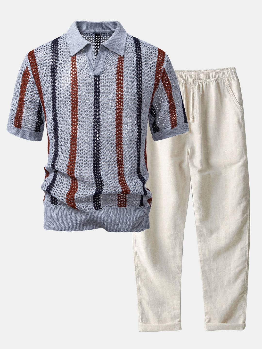 Polo rayé en crochet col en V & pantalon en lin à jambe droite