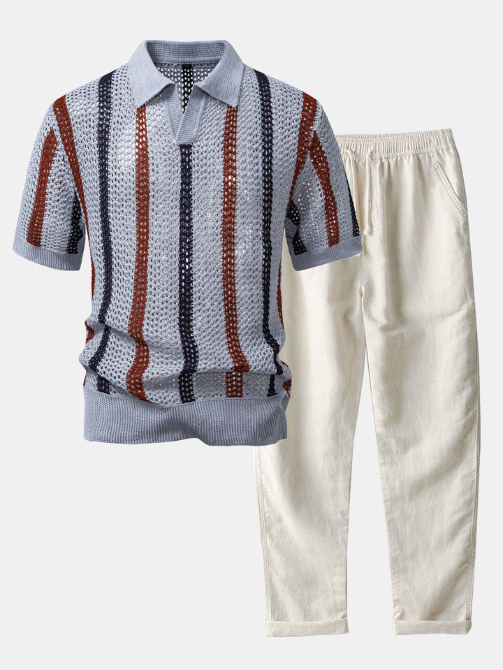 Polo rayé en crochet col en V & pantalon en lin à jambe droite