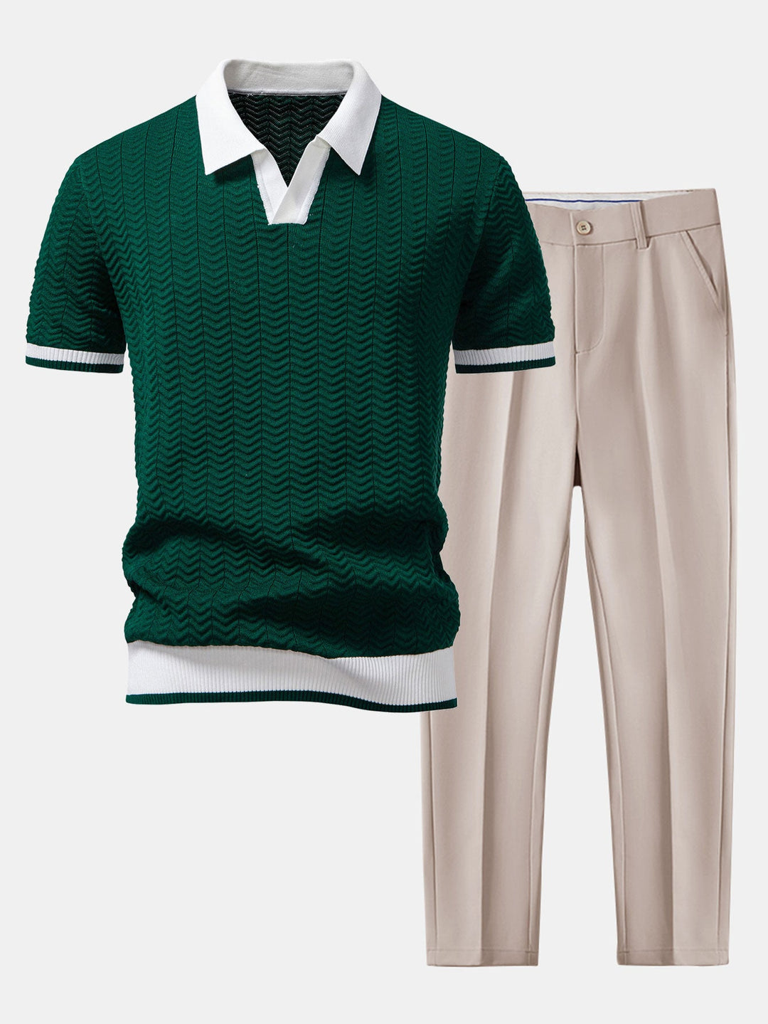 Polo à col en V tricoté à contraste de texture & pantalon fuselé slim fit